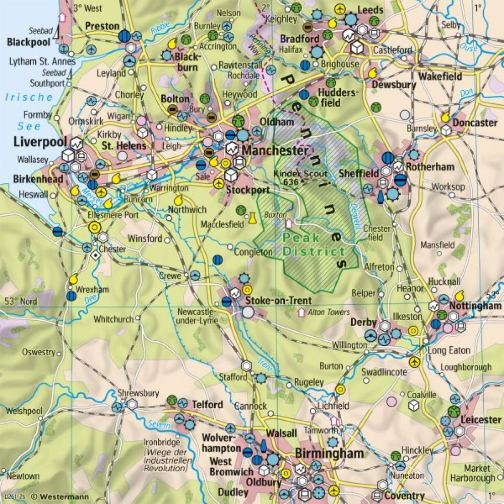 Bild der Karte Nord- und Mittelengland - Strukturwandel - 2023 - Irland, England - Räumliche Entwicklungsfaktoren