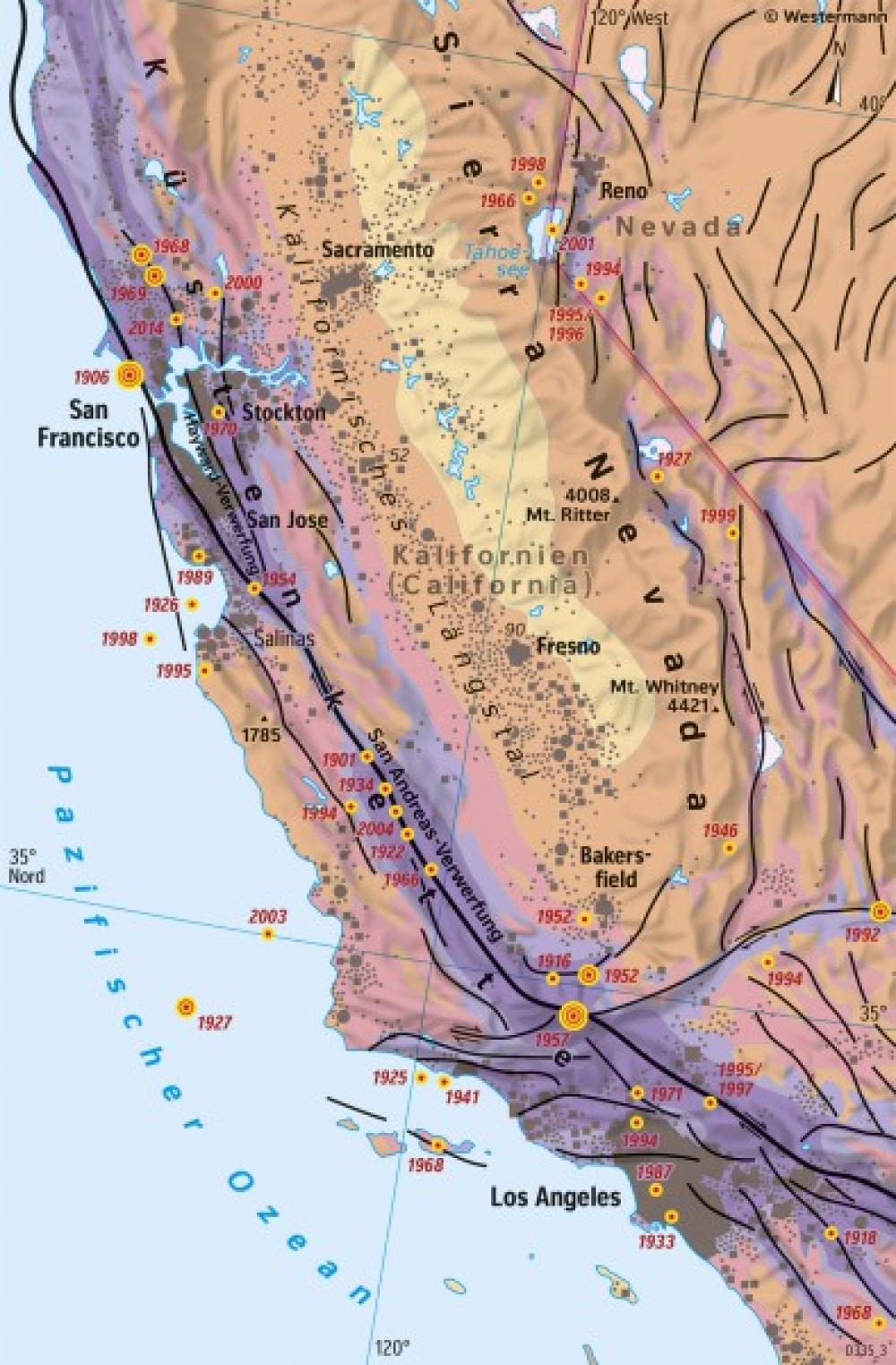 Bild der Karte Kalifornien - Erdbeben - Amerika - Physische Übersicht