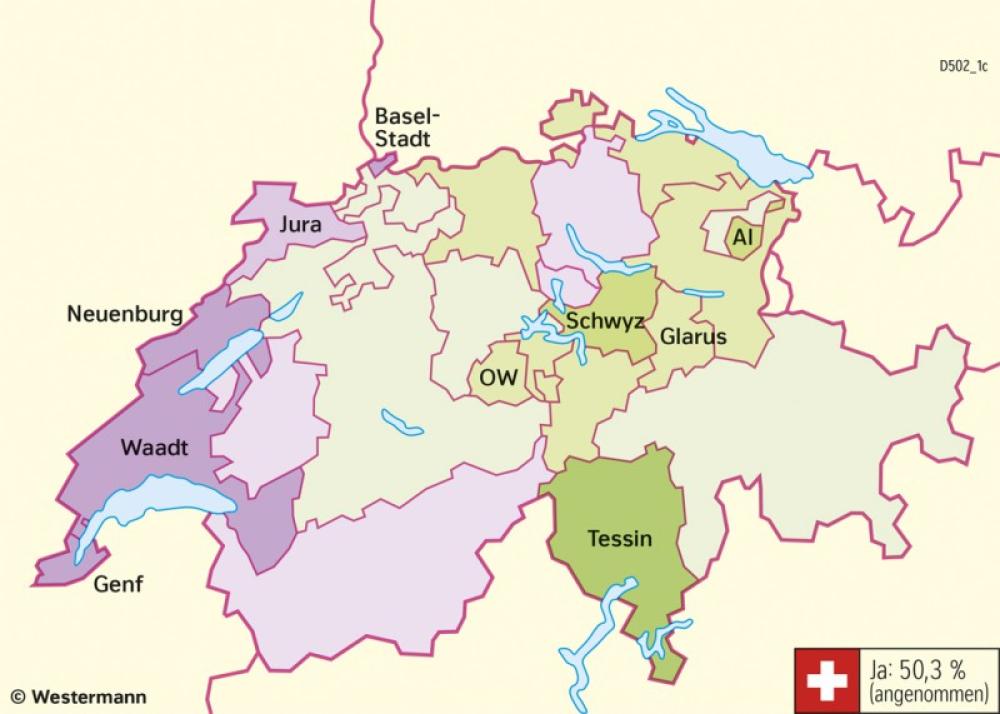 Bild der Karte Schweiz - Volksabstimmungen - «Gegen Masseneinwanderung» durch Aufnahmekontingente (2014) - Schweiz - Politik und Gesellschaft