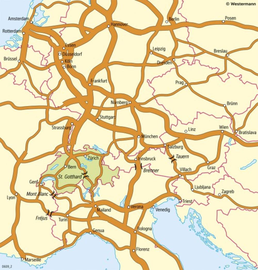 Bild der Karte Mitteleuropa - Fernverbindungen des Strassenverkehrs - Schweiz - Landschaftswandel und Transitverkehr