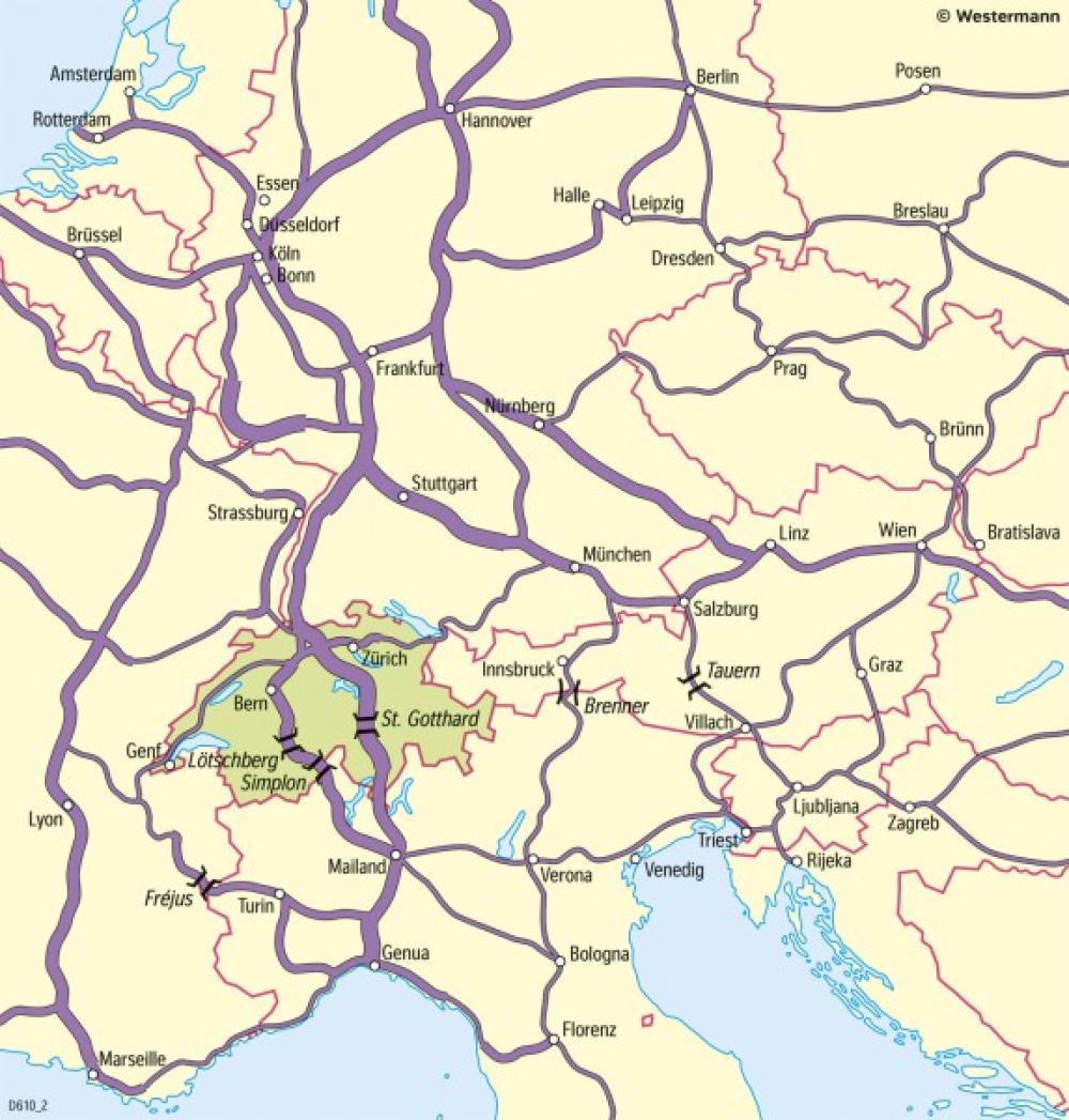 Bild der Karte Mitteleuropa - Fernverbindungen des Eisenbahnverkehrs - Schweiz - Landschaftswandel und Transitverkehr