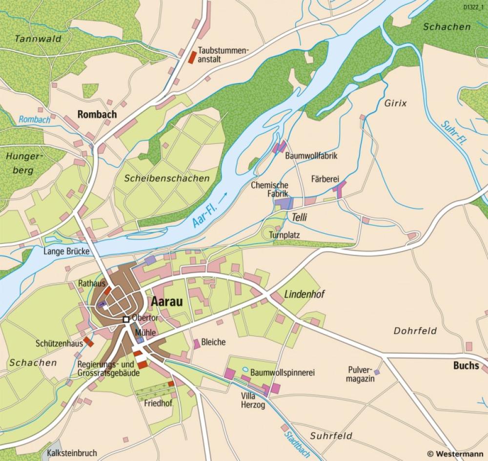 Bild der Karte Aarau - Textilgewerbe um 1835 - Schweiz - Industrialisierung