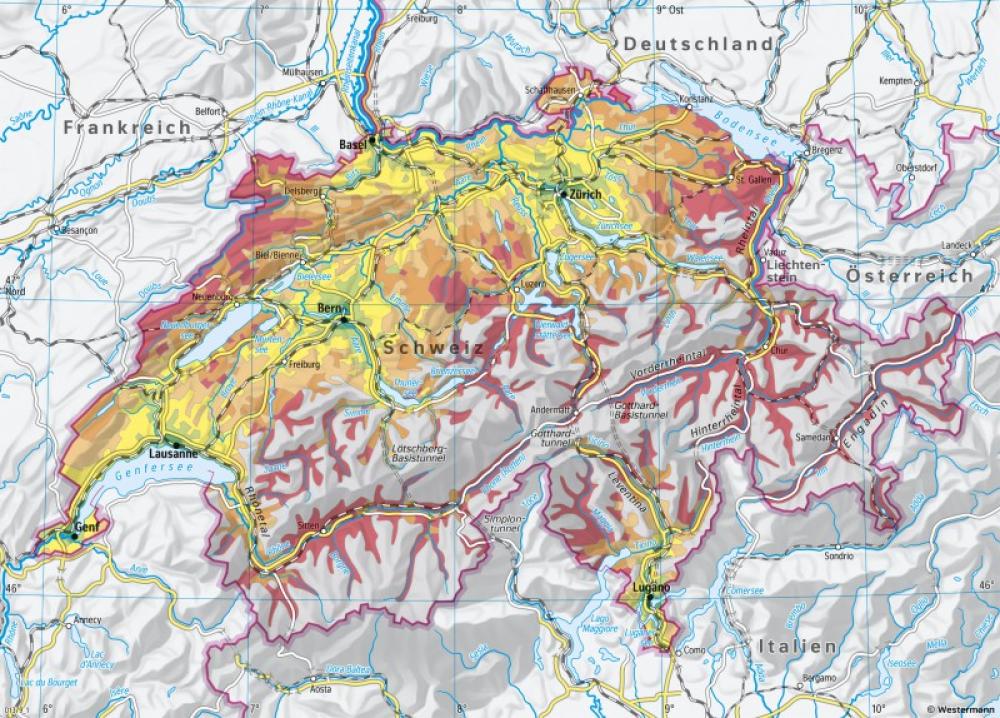 Bild der Karte Schweiz - Reisezeit zu den Zentren mit dem öffentlichen Verkehr (ÖV) - Schweiz - Landschaftswandel und Erreichbarkeit