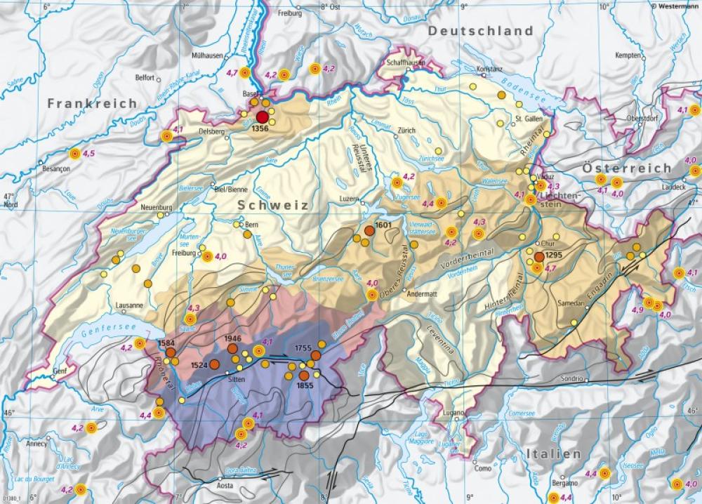 Bild der Karte Schweiz - Seismische Gefährdung und Erdbeben - Schweiz - Tektonik und Erdbeben