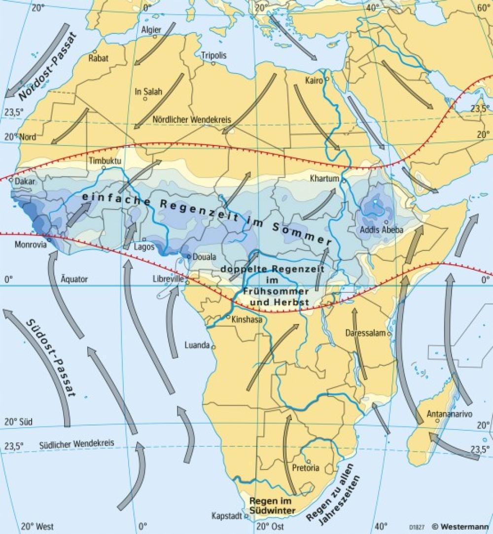 Bild der Karte Afrika - Niederschläge und Winde im Juli - Afrika - Klima und Landwirtschaft