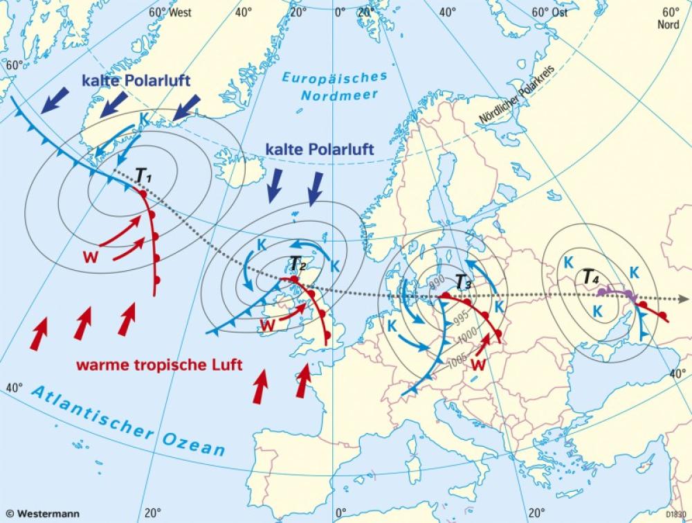 Bild der Karte Entwicklungsstadien einer atlantischen Zyklone - Europa - Wetter und Klimaänderungen
