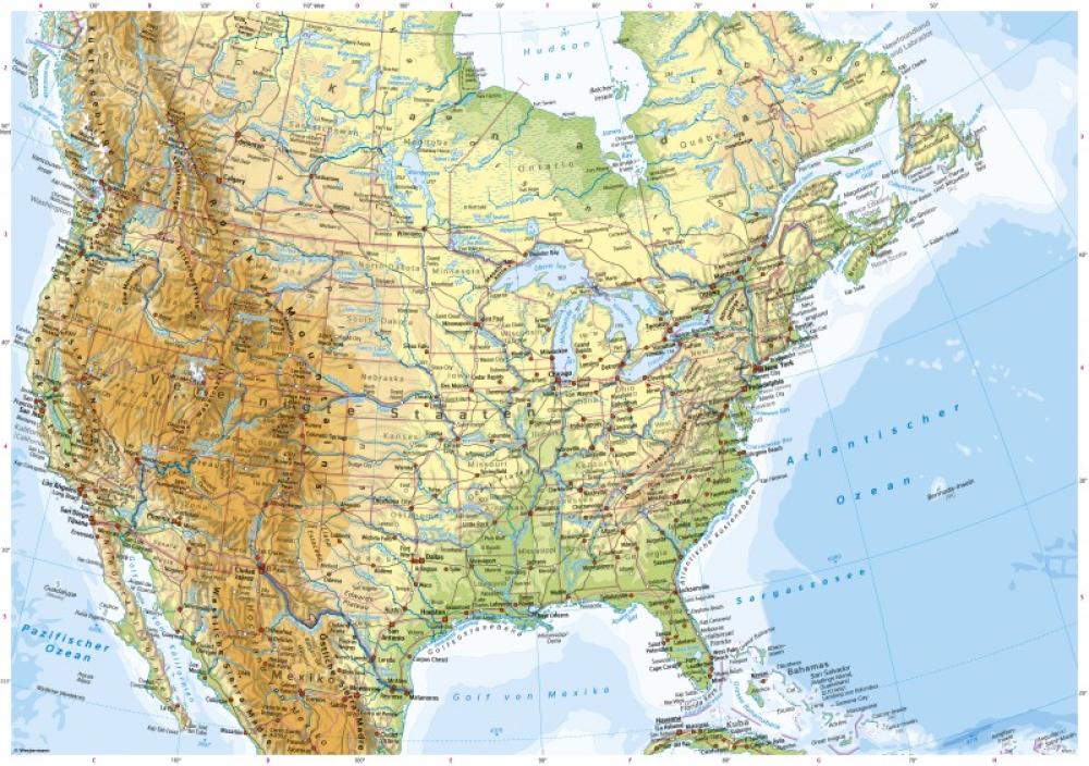 Bild der Karte USA, Kanada - Physische Karte - Vereinigte Staaten von Amerika (USA), Kanada - Physische Karte
