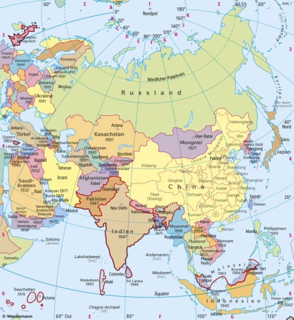 Bild der Karte Asien - Politische Übersicht - Asien - Staaten und physische Übersicht