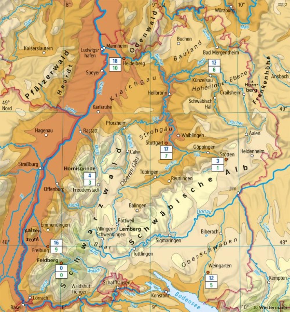 Bild der Karte Baden-Württemberg - Temperaturen im Juli - Baden-W&#252;rttemberg - Landwirtschaft und Klima