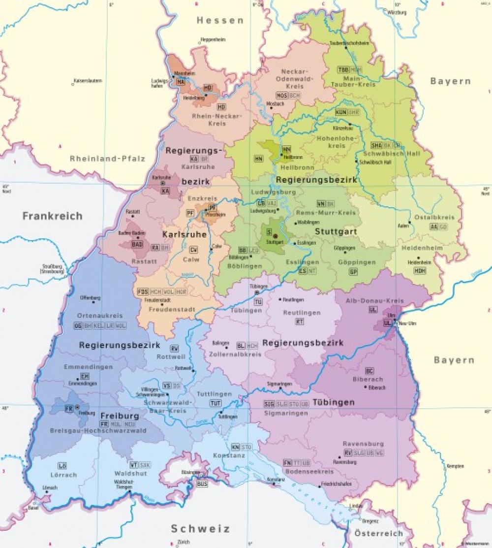 Bild der Karte Baden-Württemberg - Politische Übersicht - Baden-W&#252;rttemberg - Politische &#220;bersicht