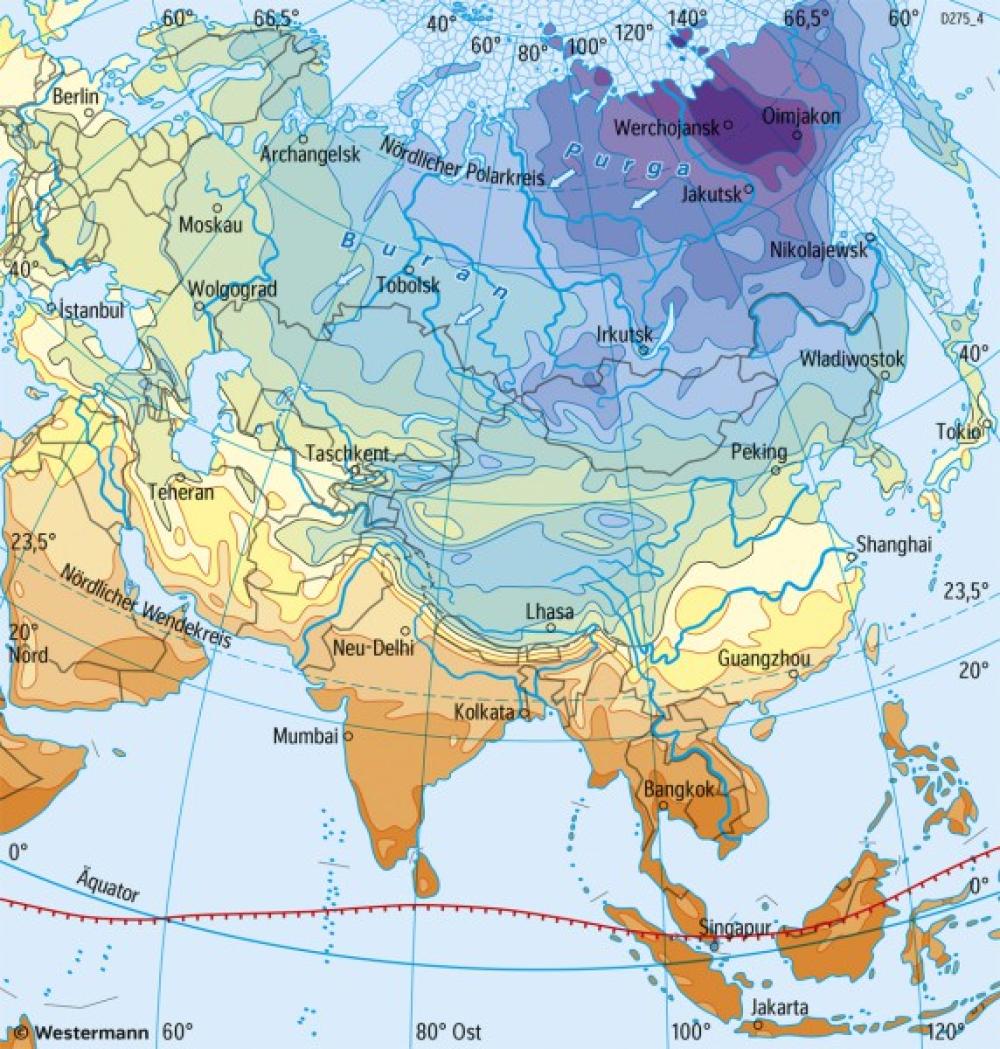 Bild der Karte Asien - Temperaturen im Januar - Asien - Klima und Landwirtschaft