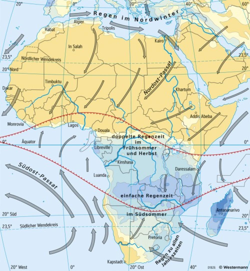 Bild der Karte Afrika - Niederschläge und Winde im Januar - Afrika - Landwirtschaft und Klima