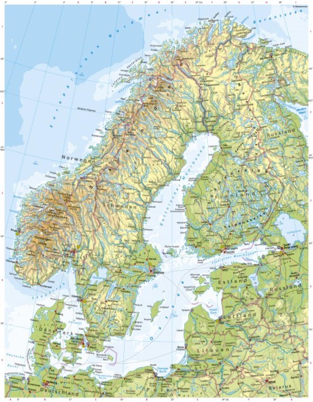 Skandinavien, Baltikum - Physische Karte
