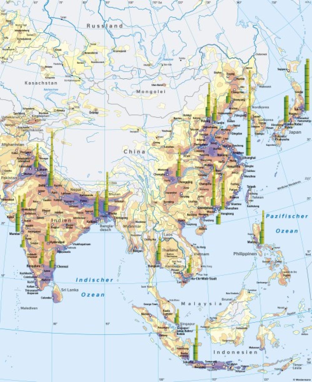 Bild der Karte Südasien, Ostasien und Südostasien - Bevölkerungsschwerpunkt der Erde - Asien - Bev&#246;lkerungsschwerpunkt der Erde