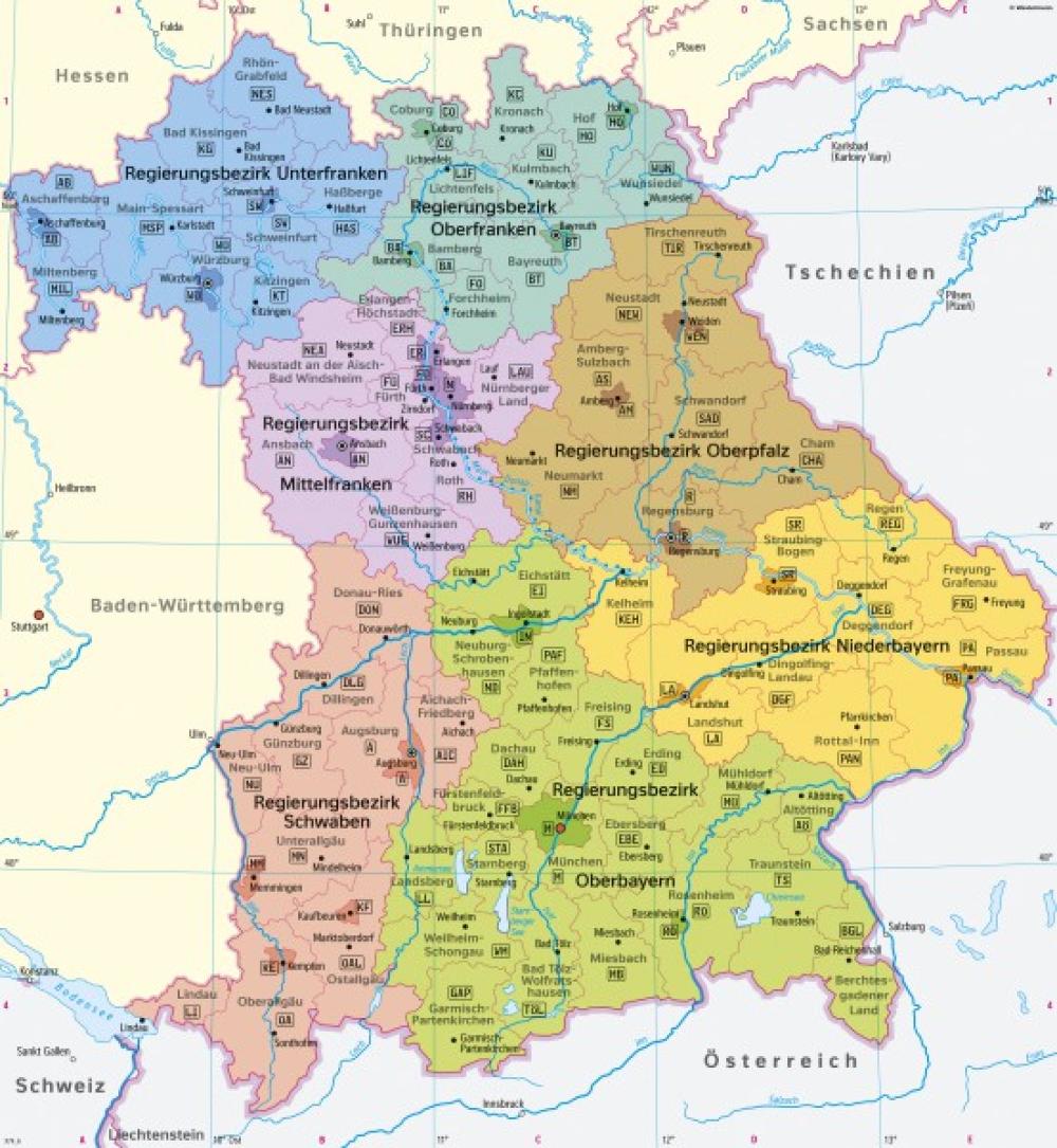 Bild der Karte Bayern - Politische Übersicht - Bayern - Politische &#220;bersicht