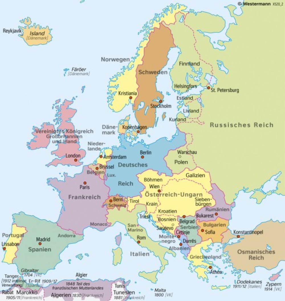 Bild der Karte Europa - Staaten 1914 (vor dem Ersten Weltkrieg) - Europa - Staaten