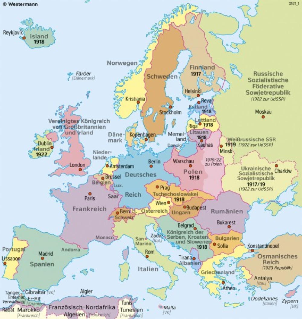 Bild der Karte Europa - Staaten 1920/1921 (nach dem Ersten Weltkrieg) - Europa - Staaten