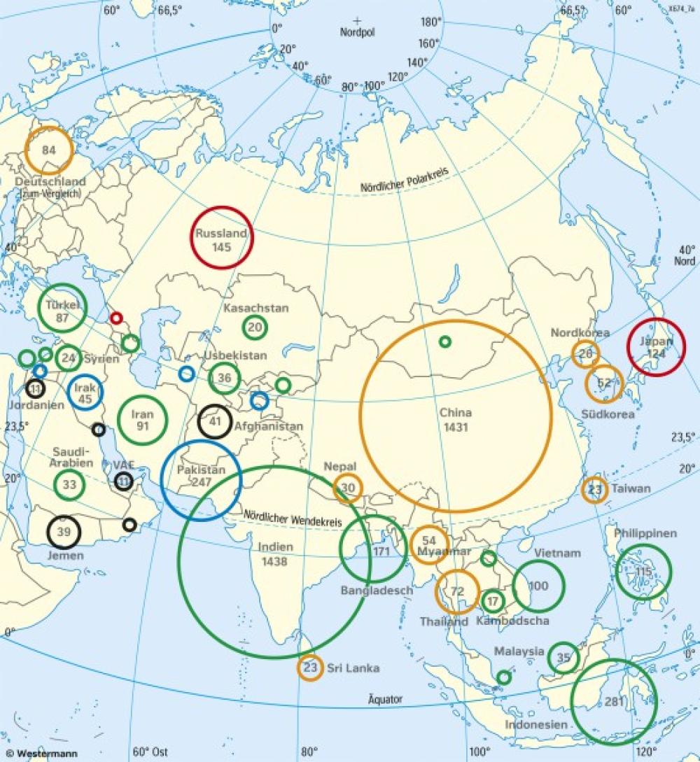 Bild der Karte Asien - Bevölkerungszahl - Asien - Staaten und Bevölkerung