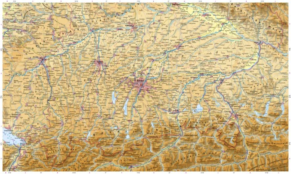 Bild der Karte Schwaben, Oberbayern und Niederbayern - Physische Karte - Schwaben, Oberbayern und Niederbayern - Physische Karte