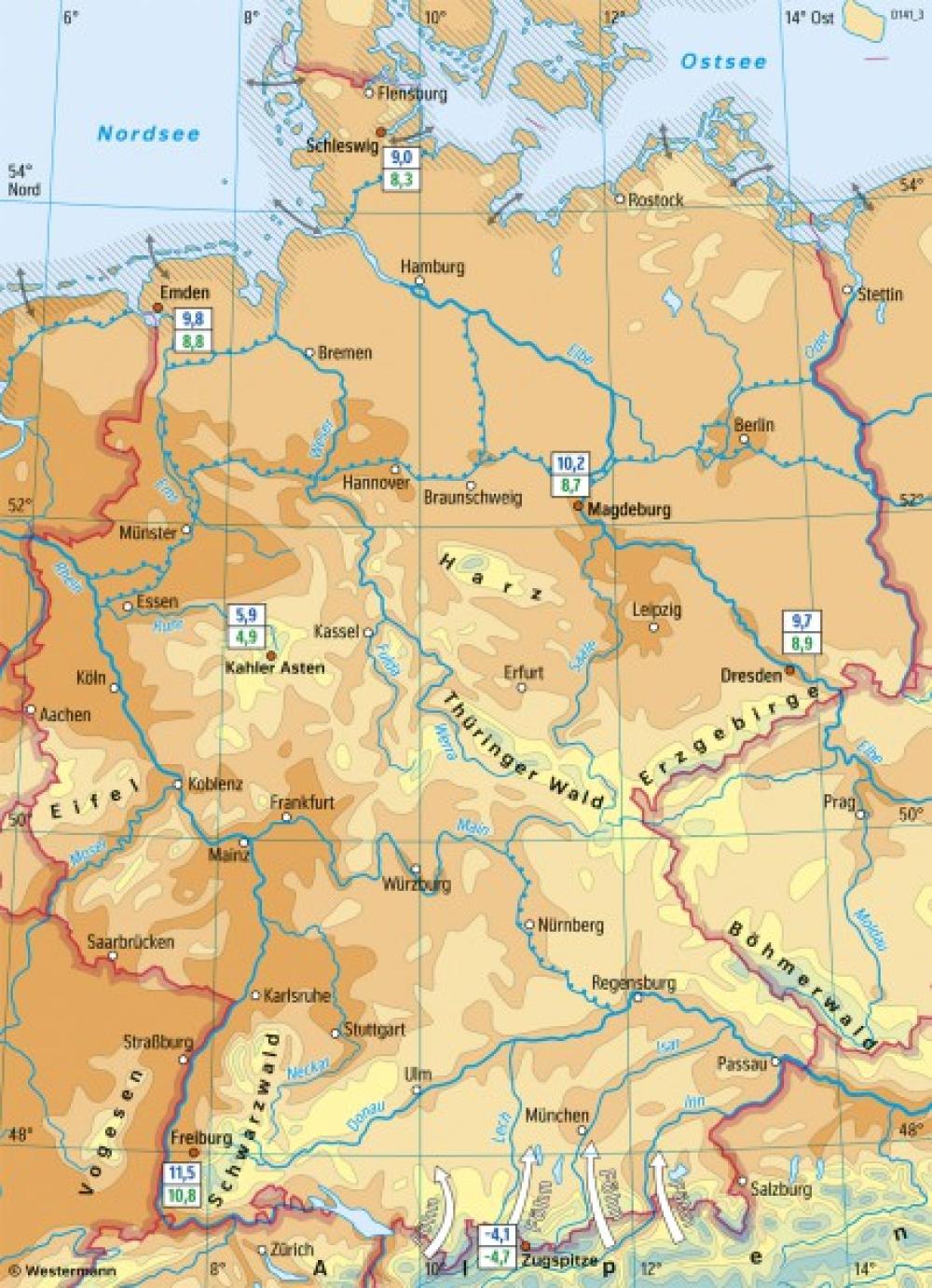 Bild der Karte Deutschland - Temperaturen im Jahr - Deutschland - Klima und Klimawandel