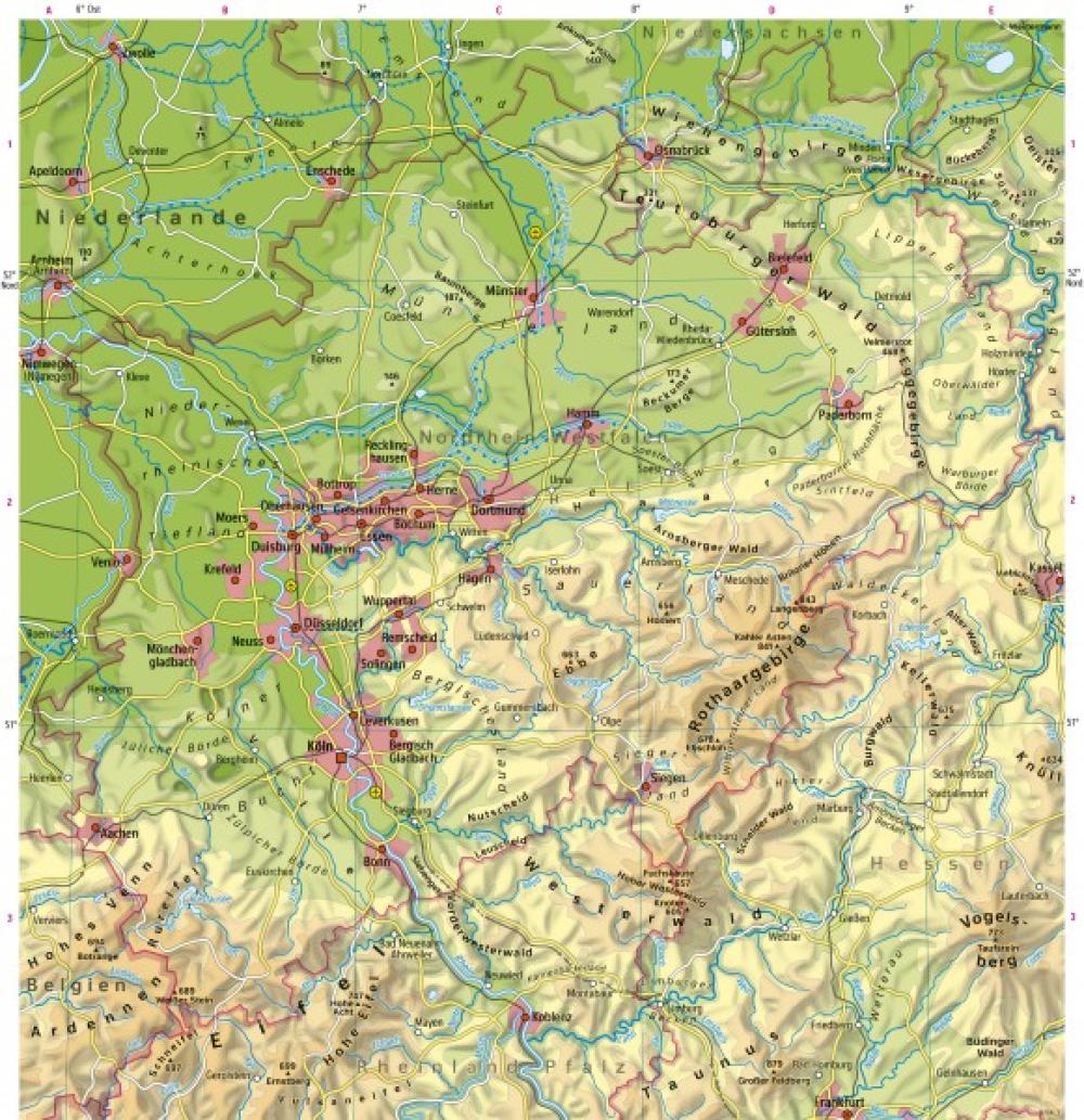 Bild der Karte Nordrhein-Westfalen - Physische Übersicht - Nordrhein-Westfalen - Physische &#220;bersicht