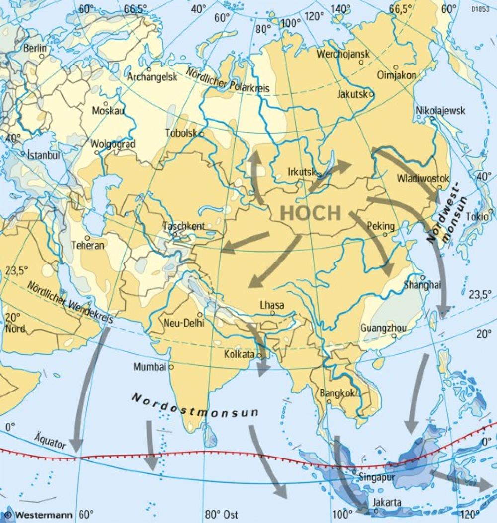Bild der Karte Asien - Niederschläge und Winde im Januar - Asien - Klima und Landwirtschaft