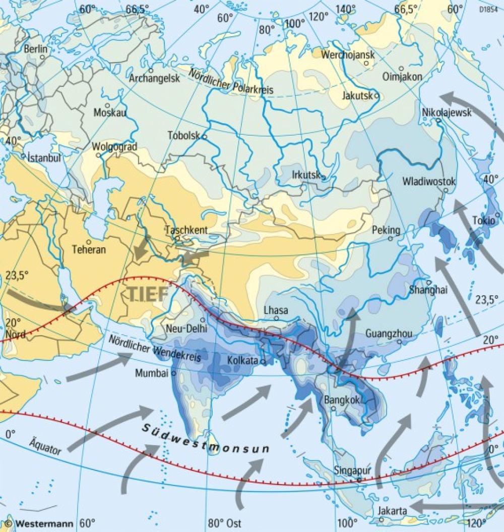 Bild der Karte Asien - Niederschläge und Winde im Juli - Asien - Klima und Landwirtschaft