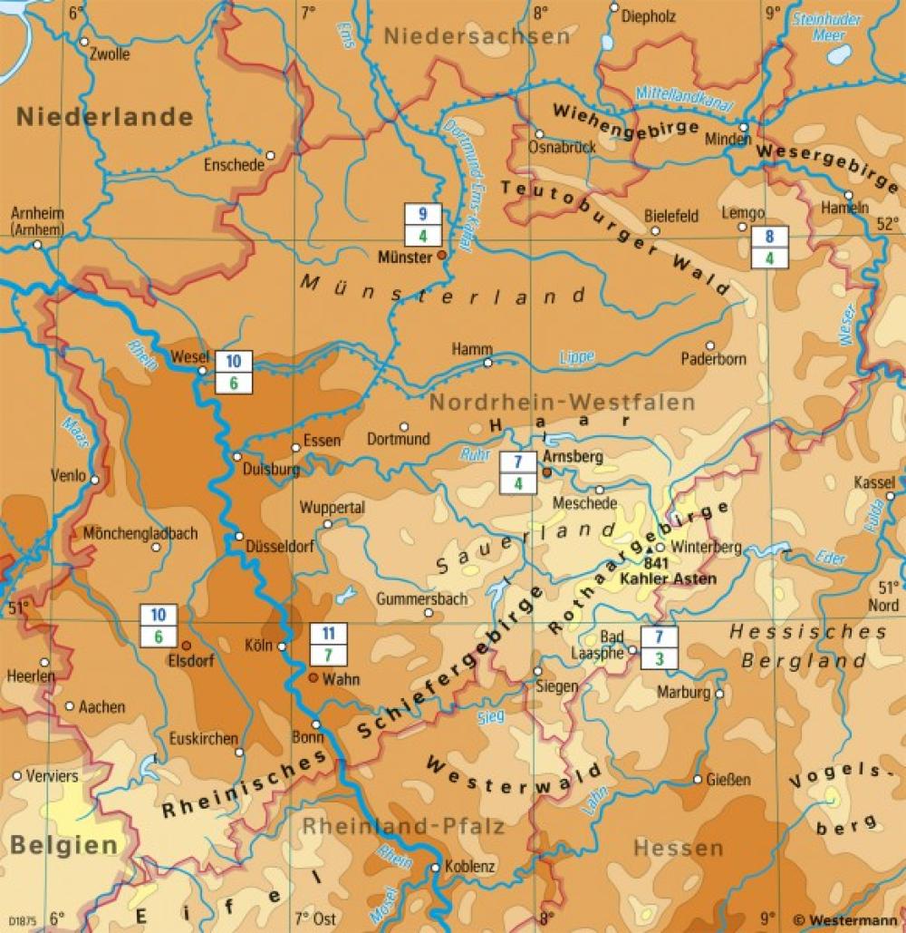 Bild der Karte Nordrhein-Westfalen - Temperaturen im Juli - Nordrhein-Westfalen - Landwirtschaft und Klima