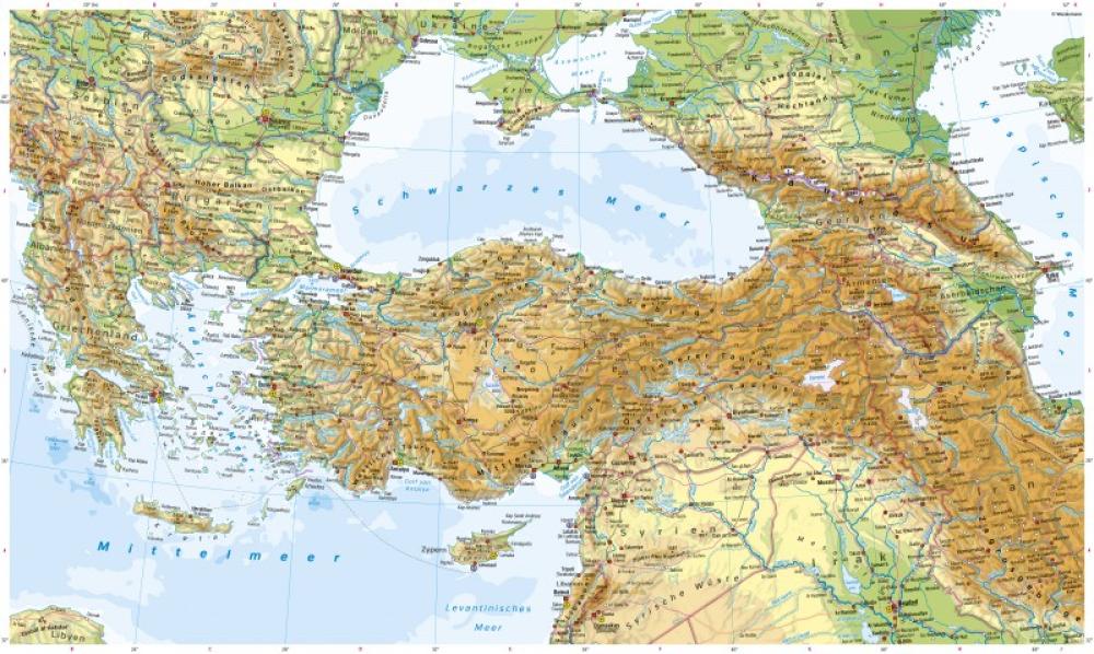 Bild der Karte Südosteuropa, Türkei, Kaukasus - Physische Karte - S&#252;dosteuropa, T&#252;rkei, Kaukasus - Physische Karte