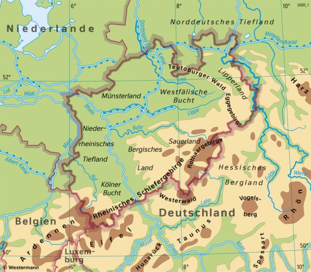 Bild der Karte Nordrhein-Westfalen - Lage am Rand der Mittelgebirge - Nordrhein-Westfalen - Physische &#220;bersicht