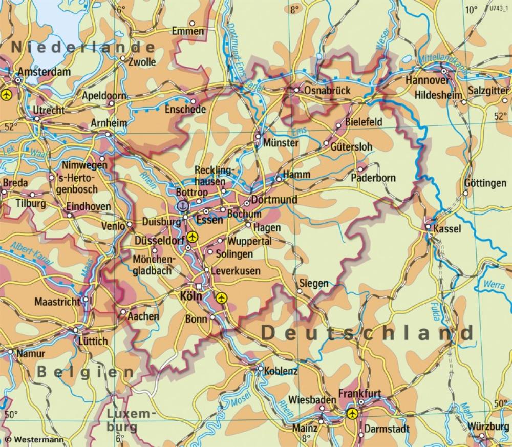 Bild der Karte Nordrhein-Westfalen - Lage im europäischen Verdichtungsraum - Nordrhein-Westfalen - Physische &#220;bersicht