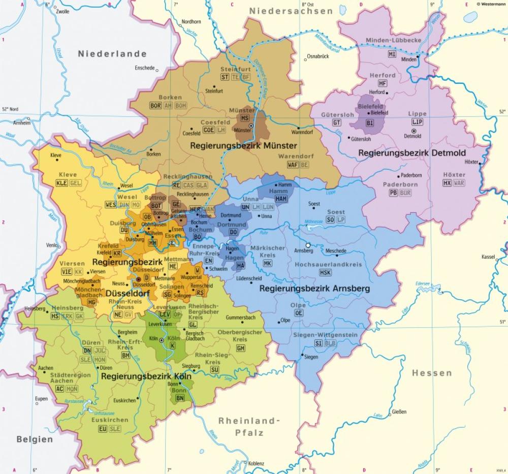 Bild der Karte Nordrhein-Westfalen - Politische Übersicht - Nordrhein-Westfalen - Politische &#220;bersicht