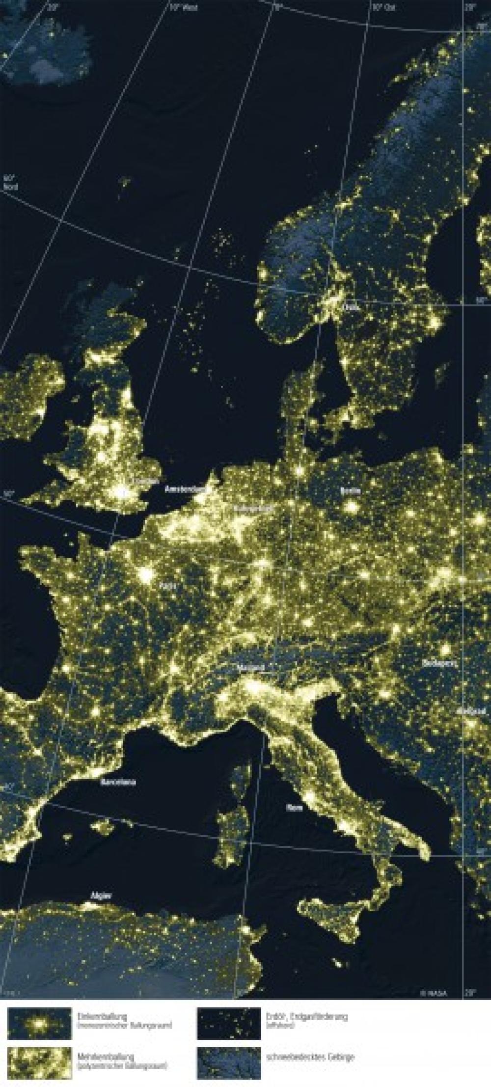 Bild der Karte Europa - Ballungsräume bei Nacht - Europa - Physische &#220;bersicht