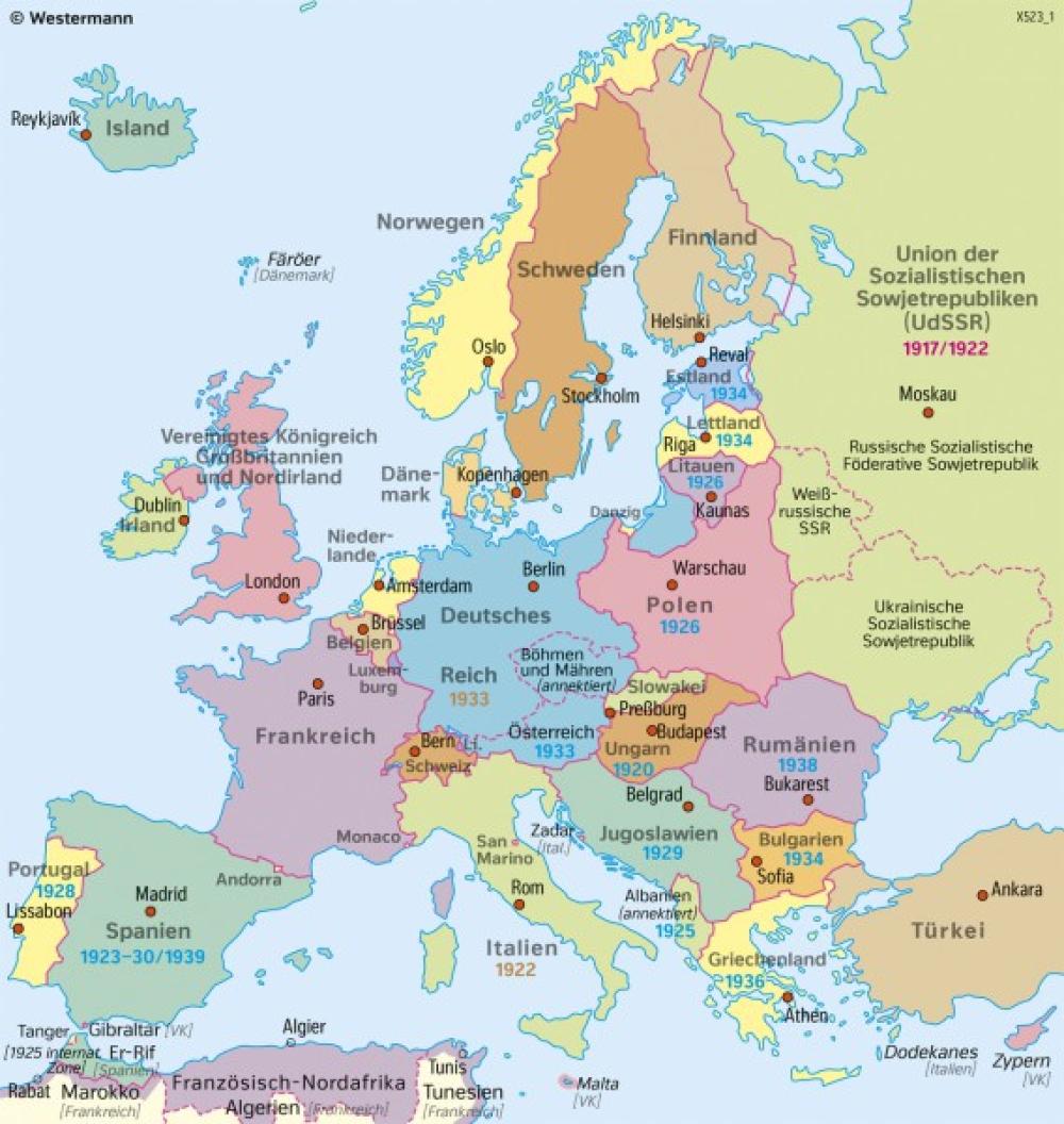 Bild der Karte Europa - Staaten 1939 (vor dem Zweiten Weltkrieg) - Europa - Staaten