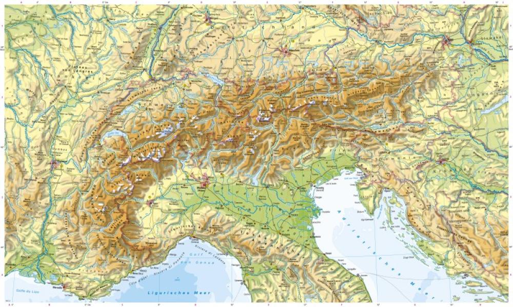 Bild der Karte Alpenländer - Physische Karte - Alpen - Hochgebirge in Europa