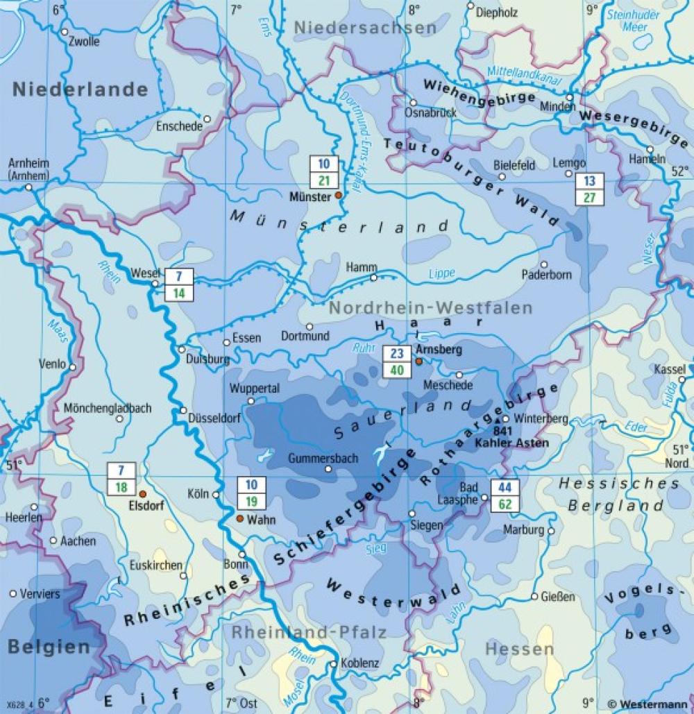 Bild der Karte Nordrhein-Westfalen - Niederschläge im Jahr - Nordrhein-Westfalen - Landwirtschaft und Klima