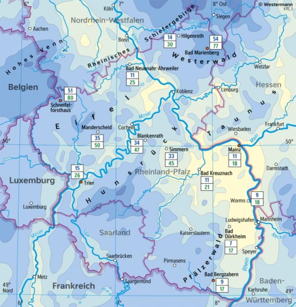 Bild der Karte Rheinland-Pfalz - Niederschläge im Jahr - Rheinland-Pfalz - Landwirtschaft und Klima