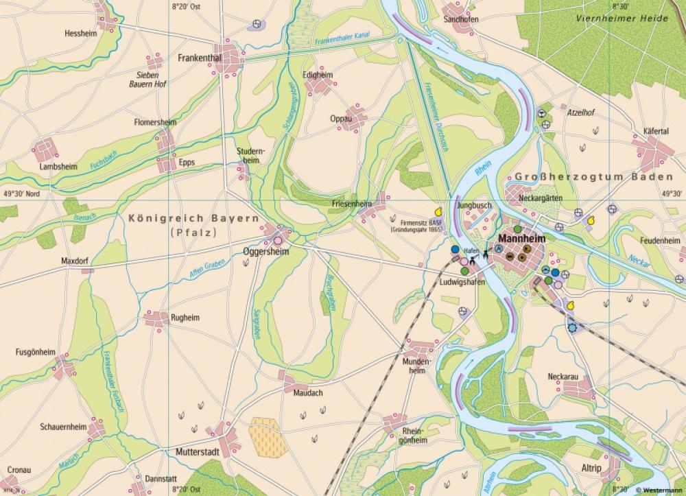Bild der Karte Rheinpfalz (bei Ludwigshafen) - Wirtschaft und Verkehr - um 1850 - Rheinland-Pfalz - Wirtschaft und Verkehr