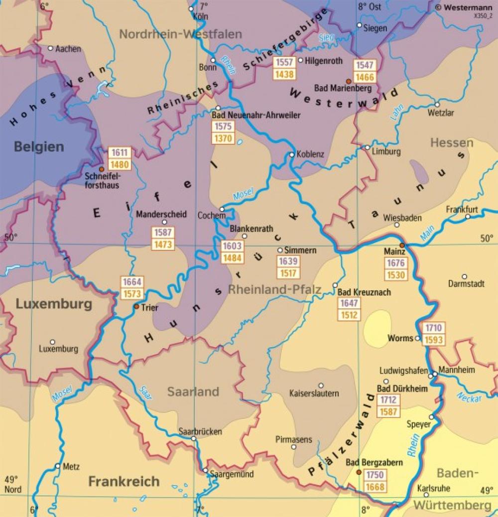 Bild der Karte Rheinland-Pfalz - Sonnenscheindauer im Jahr - Rheinland-Pfalz - Landwirtschaft und Klima
