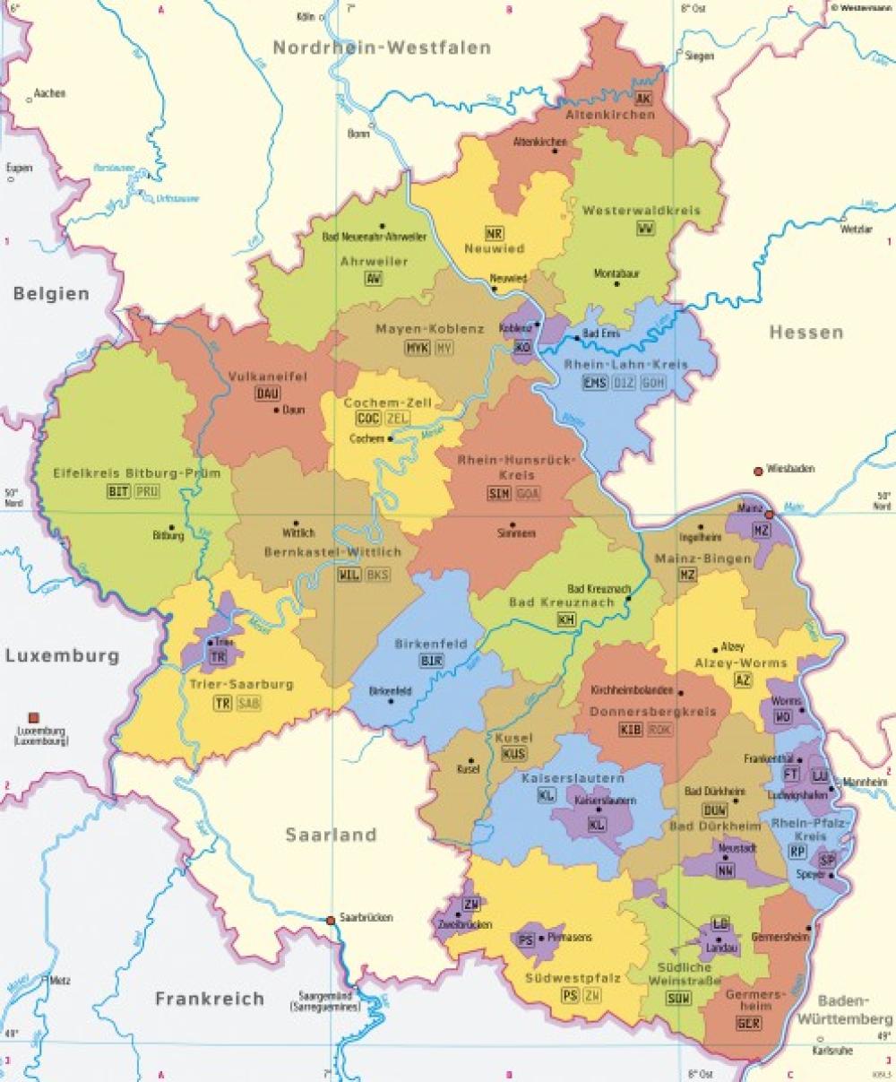 Bild der Karte Rheinland-Pfalz - Politische Übersicht - Rheinland-Pfalz - Politische &#220;bersicht