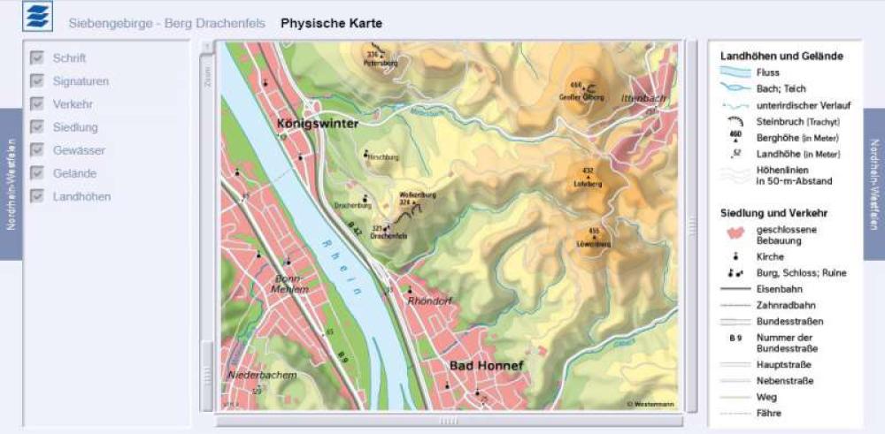 Siebengebirge - Berge auf der Karte
