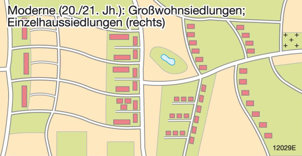Charakteristische bauliche Merkmale - Moderne (20./21. Jh.): Großwohnsiedlungen; Einzelhaussiedlungen (rechts)