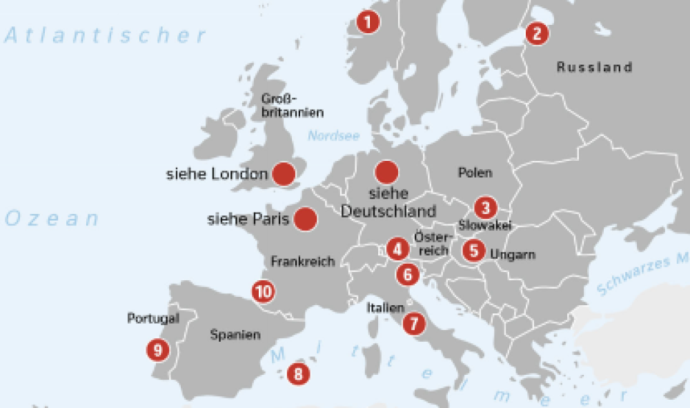 Reiseziele aus der Europakarte