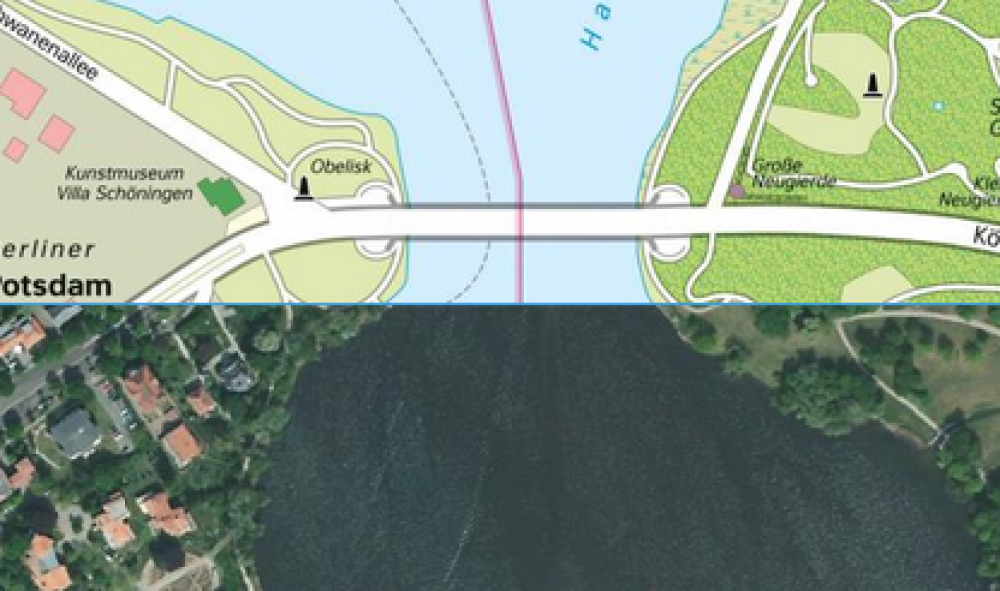 Die Glienicker Brücke im Luftbild und als Karte