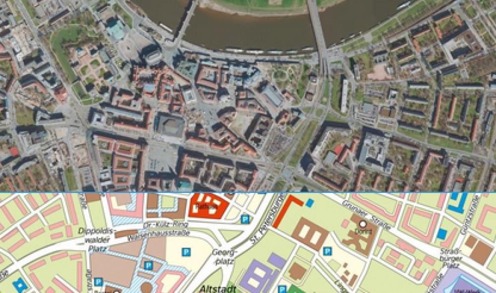 Dresden im Luftbild und als Stadtplan