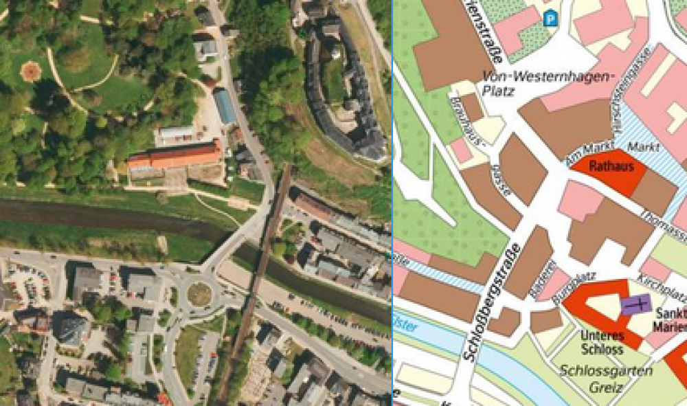 Greiz im Luftbild und als Karte